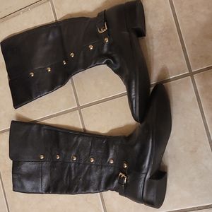 MICHAEL MICHAEL KORS CARNEY RIDING BOOTS BLACK HARNESS BUCKLE GOLD STUDS
